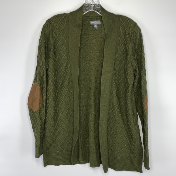 Market & Spruce Green Cardigan Brown Elbow Patches Size Small - Picture 2 of 6
